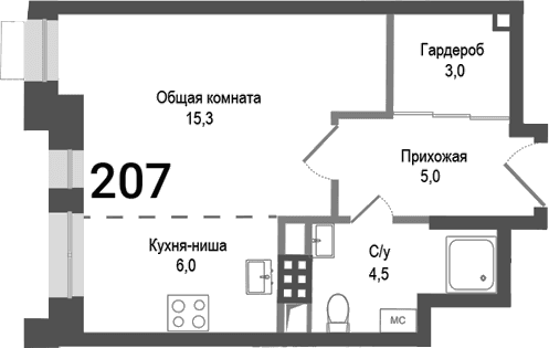Планировка: Студия 33,8 м² в ЖК «Киноквартал»