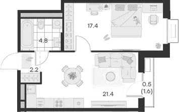Планировка: 1-комнатная квартира 45,8 м² в ЖК «Михалевич»