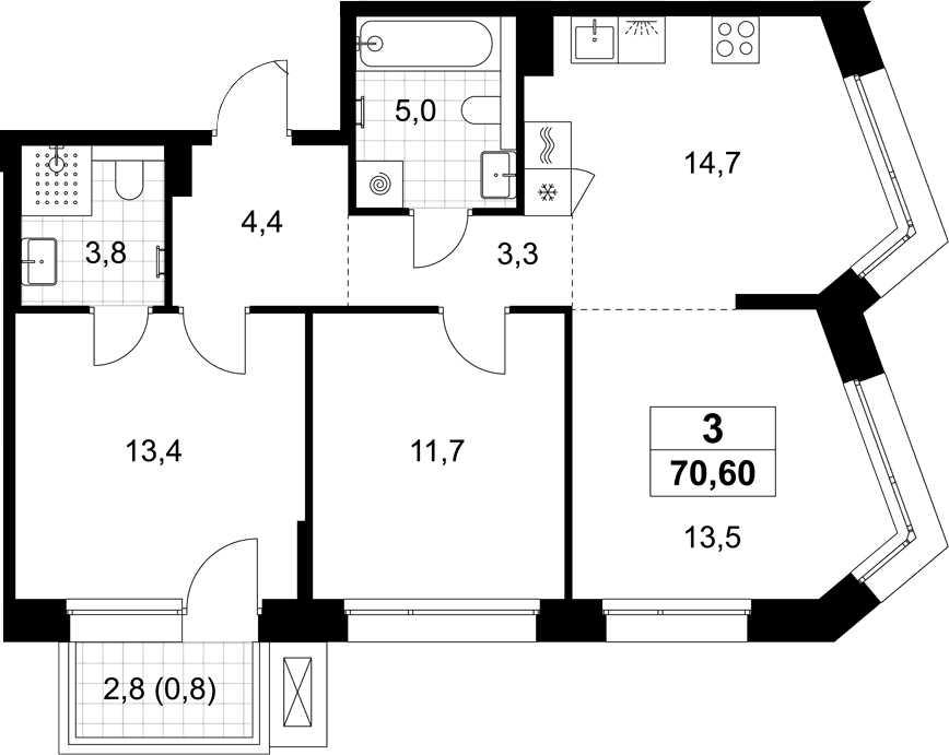 Планировка: Евротрёшка 69,8 м² в ЖК «Хольм»