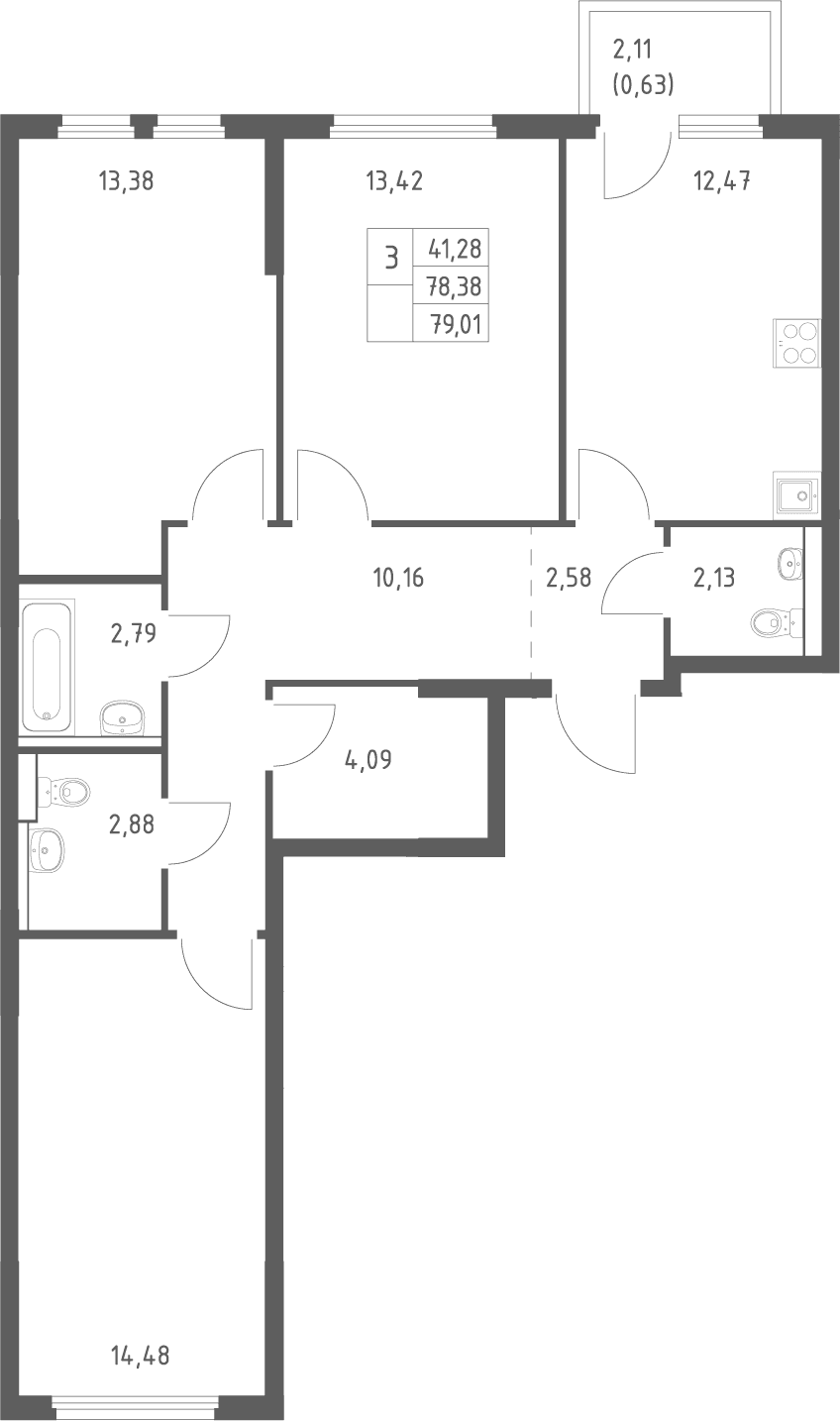 Планировка: 3-комнатная квартира 78,4 м² в ЖК «Пригород Лесное»