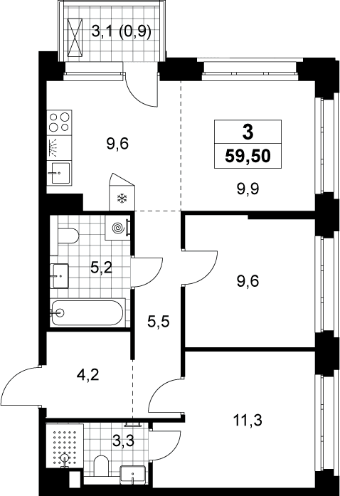Планировка: Евротрёшка 58,6 м² в ЖК «Хольм»