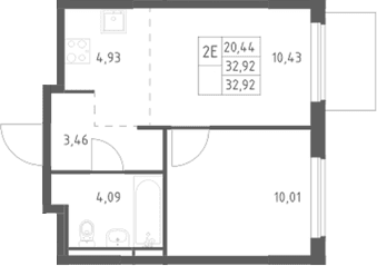 Планировка: Евродвушка 32,9 м² в ЖК «Мытищи Парк»