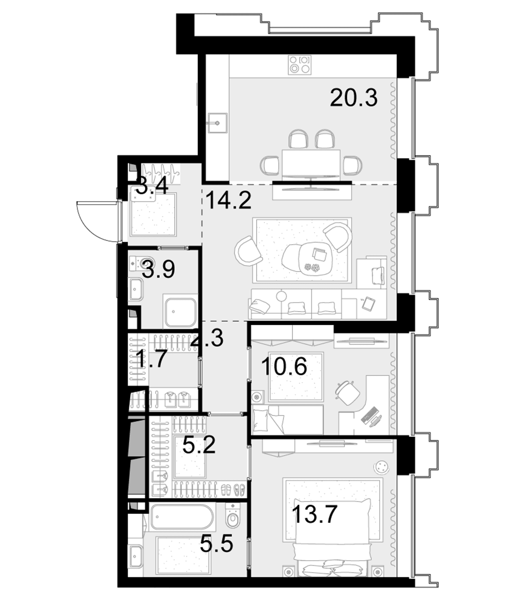 Планировка: Евротрёшка 80,8 м² в ЖК «Высотка на Жукова»
