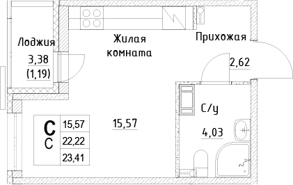 Планировка: Студия 22,2 м² в ЖК «ID Kudrovo II»