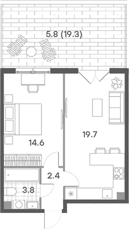 Планировка: Евродвушка 40,5 м² в ЖК «ПаркСайд»