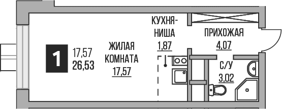 Планировка: Студия 26,5 м² в ЖК «Гранель Пехра»
