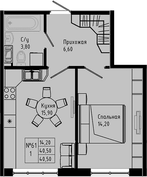 Планировка: Евродвушка 40,5 м² в ЖК «PIXEL»