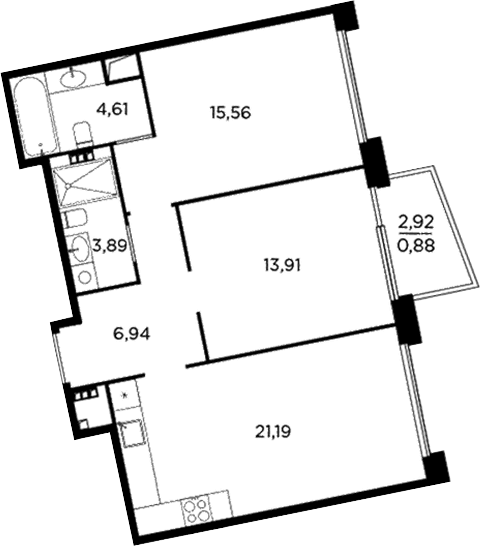 Планировка: Евротрёшка 66,1 м² в ЖК «Акватория»