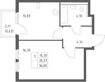 Планировка: 1-комнатная квартира 35,4 м² в ЖК «Пригород Лесное»