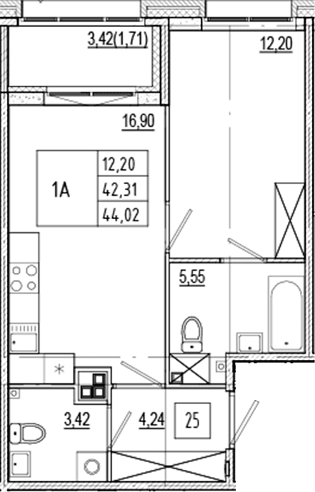 Планировка: Евродвушка 42,3 м² в ЖК «Ranta Residence»