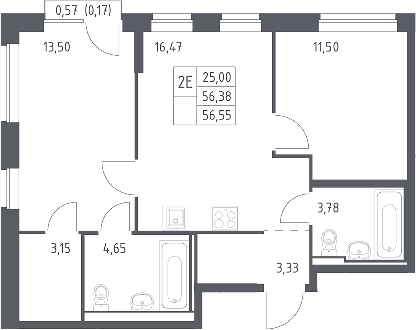 Планировка: Евротрёшка 56,4 м² в ЖК «Рублевский квартал»