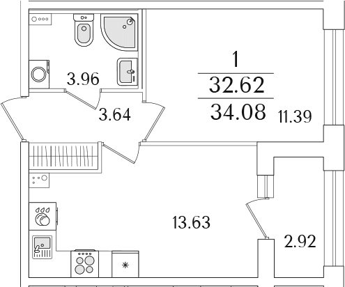 Планировка: 1-комнатная квартира 32,6 м² в ЖК «Аурум»