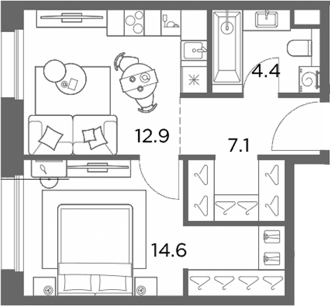 Планировка: 1-комнатная квартира 39 м² в ЖК «Станиславский»
