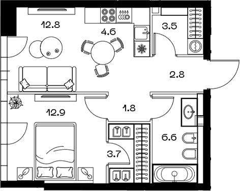 Планировка: Евродвушка 48,6 м² в ЖК «SHIFT»