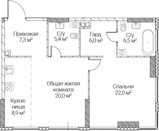 Планировка: Евродвушка 76,1 м² в ЖК «СЕЗАР СИЛИКА»