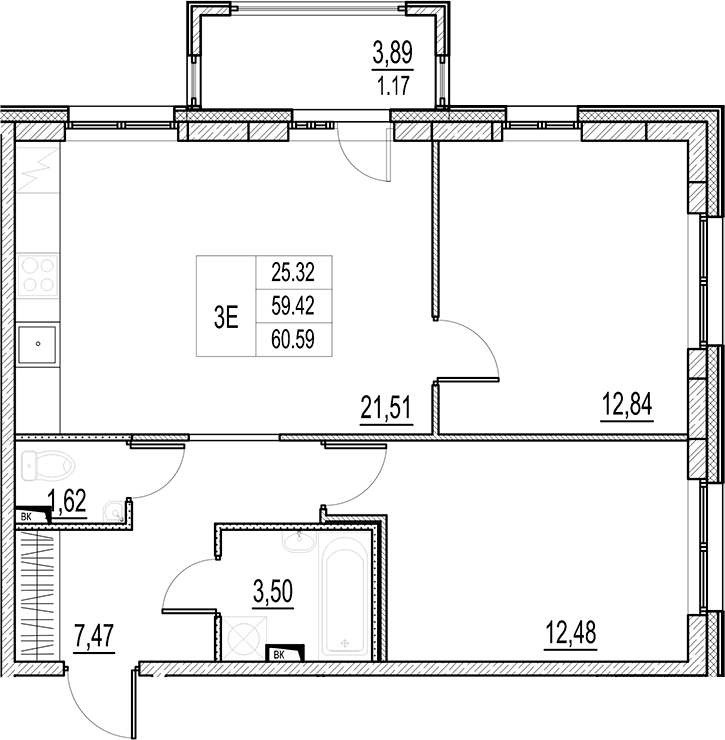 Планировка: Евротрёшка 59,4 м² в ЖК «Город-спутник Южный»