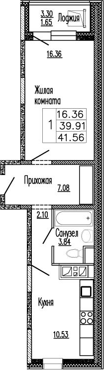 Планировка: 1-комнатная квартира 41,1 м² в ЖК «Клевер»