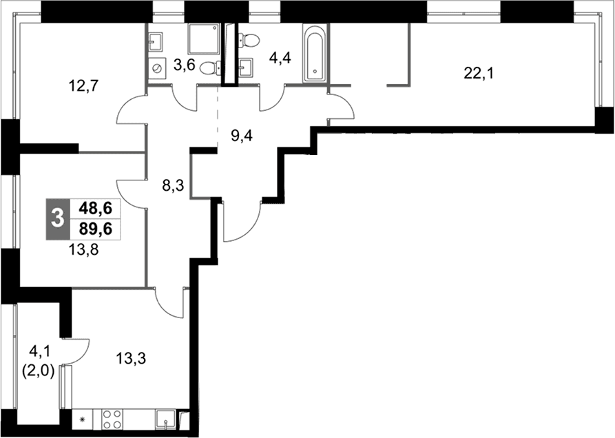 Планировка: Квартира евро-4 87,6 м² в ЖК «Скай Гарден»