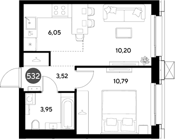 Планировка: Евродвушка 34,5 м² в ЖК «ЭВО»