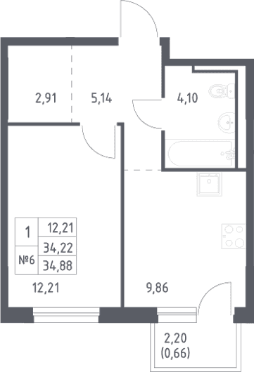 Планировка: 1-комнатная квартира 34,2 м² в ЖК «Невская Долина»