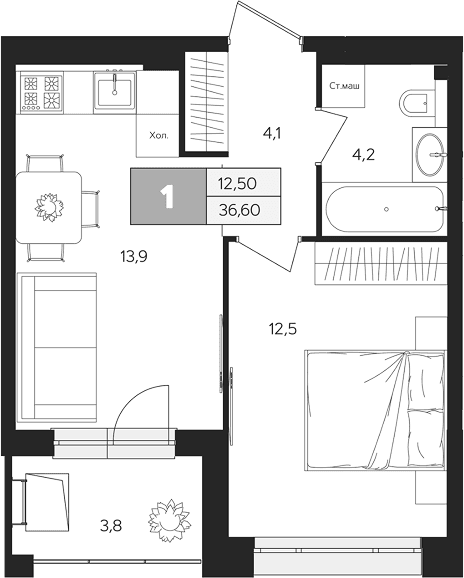 Планировка: 1-комнатная квартира 34,7 м² в ЖК «Ласточкино»