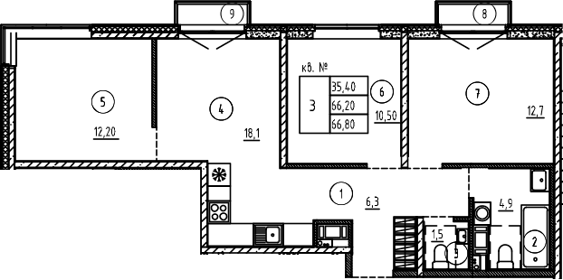 Планировка: Квартира евро-4 66,2 м² в ЖК «Плюс Пулковский»