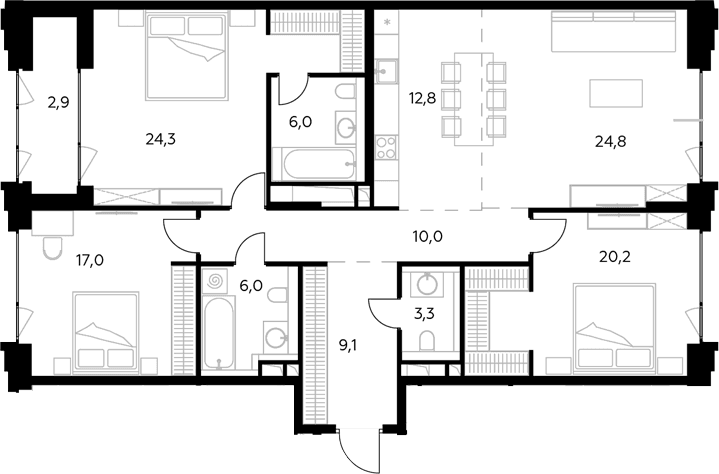 Планировка: Квартира евро-4 133,5 м² в ЖК «Монблан»