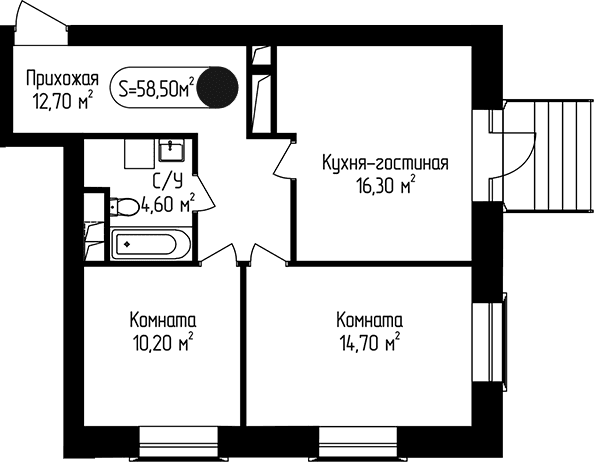 Планировка: 2-комнатная квартира 58,5 м² в ЖК «Пение Птиц»