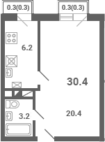 Планировка: 1-комнатная квартира 29,8 м² в ЖК «Южная Долина»