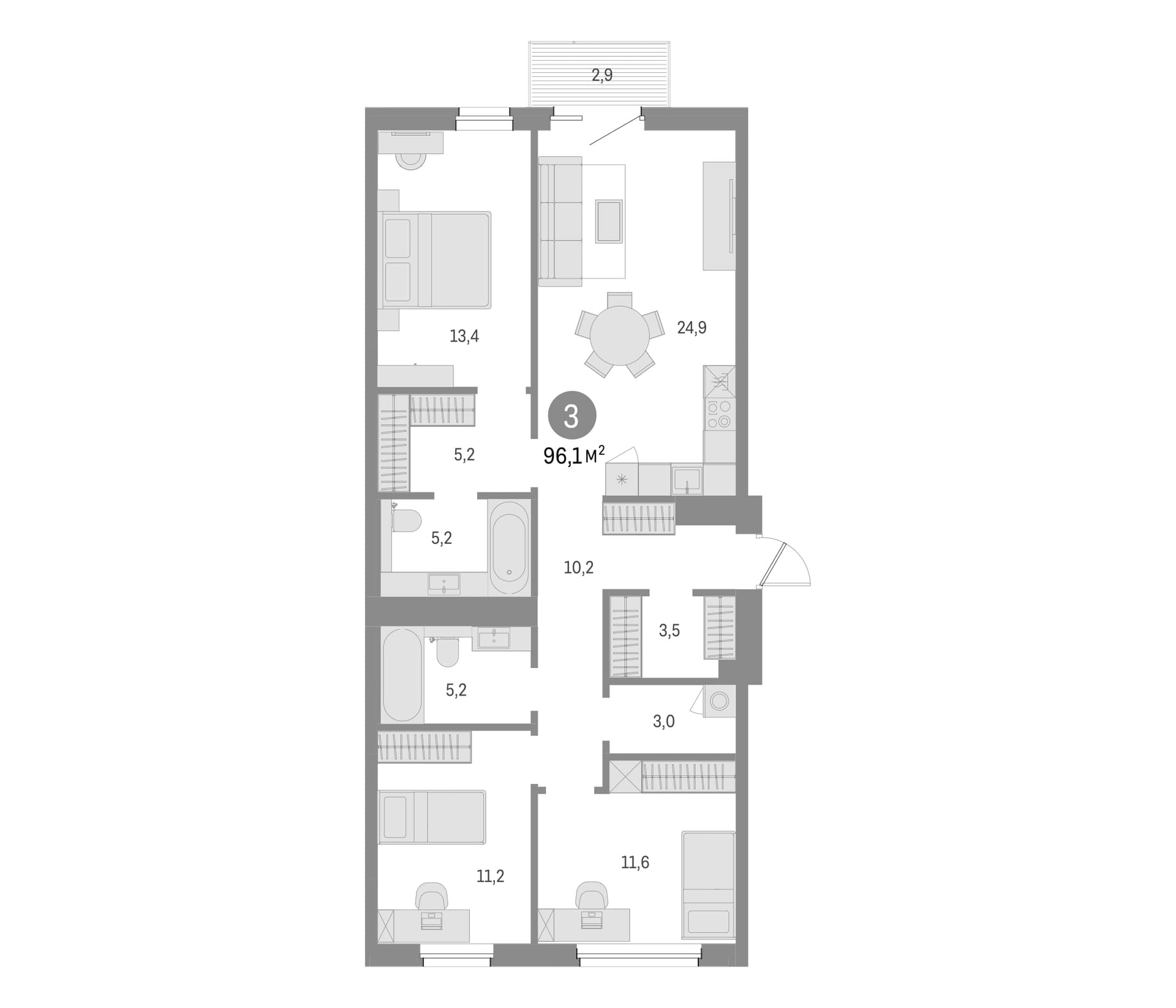 Планировка: 3-комнатная квартира 93,2 м² в ЖК «Северный ветер»