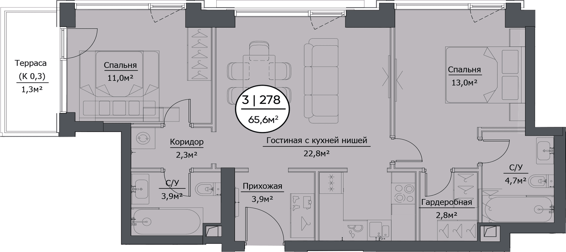 Планировка: Евротрёшка 64,4 м² в ЖК «hide»