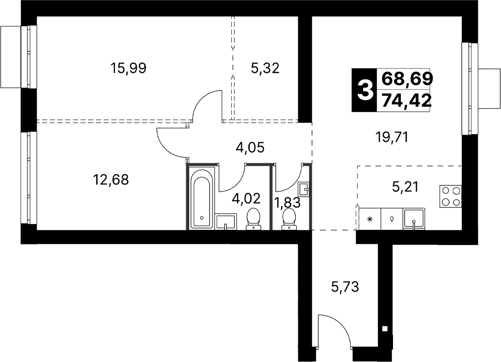 Планировка: Евротрёшка 74,4 м² в ЖК «Апрелевка Клаб»