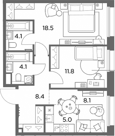 Планировка: Евротрёшка 60 м² в ЖК «Станиславский»