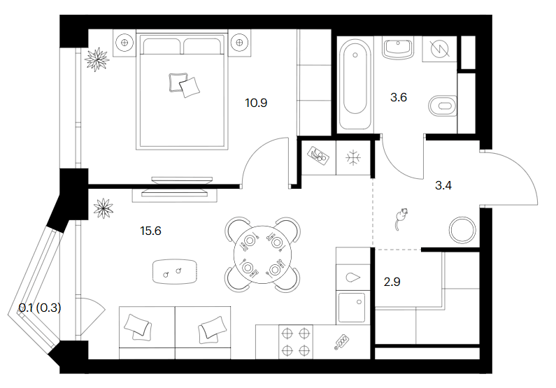 Планировка: 1-комнатная квартира 36,4 м² в ЖК «Строгино 360»