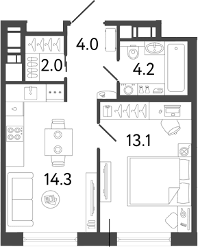 Планировка: 1-комнатная квартира 37,6 м² в ЖК «Передвижники 2»