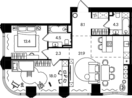 Планировка: Евротрёшка 82,5 м² в ЖК «СТОУН Блик»