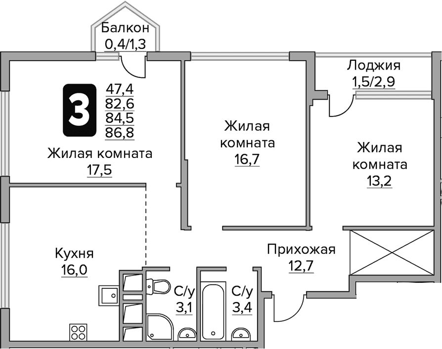 3-комнатная квартира
