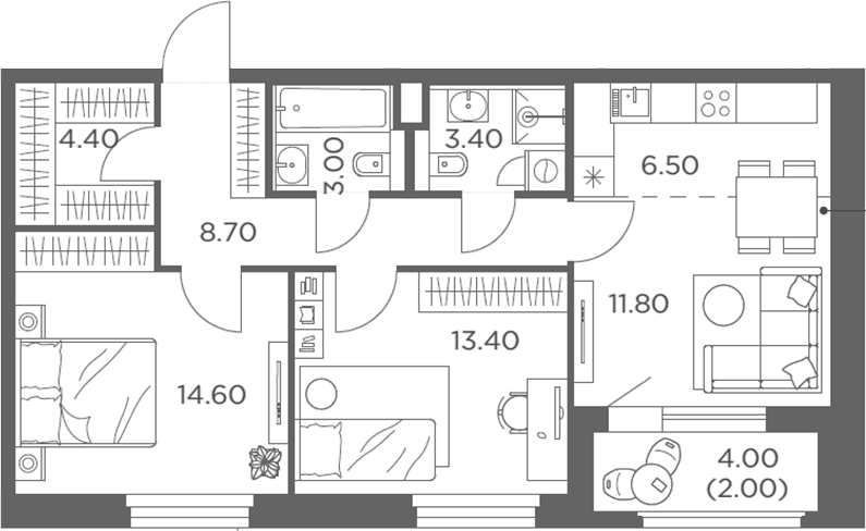 Планировка: Евротрёшка 66,2 м² в ЖК «Белый Град»