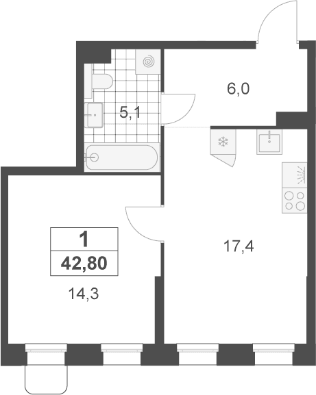 Планировка: Евродвушка 42,8 м² в ЖК «Деснаречье»
