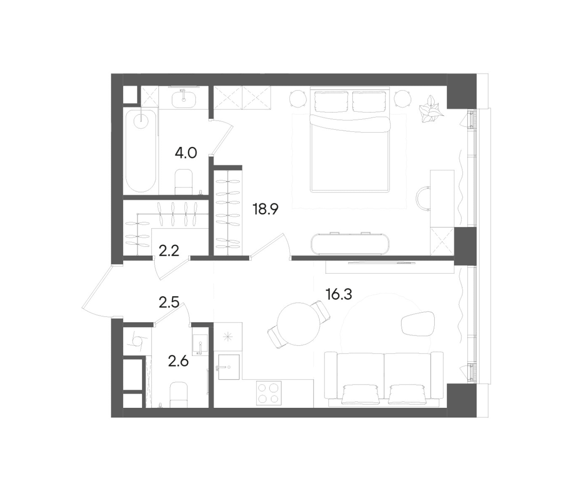 Планировка: Евродвушка 46,5 м² в ЖК «СТОУН Грэйн»