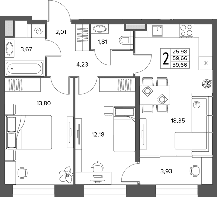 Планировка: Евротрёшка 59,7 м² в ЖК «Городской бор»