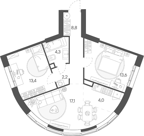Планировка: Евротрёшка 63,4 м² в ЖК «Родина Переделкино»