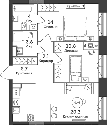 Планировка: Евротрёшка 60,4 м² в ЖК «ЭРА»