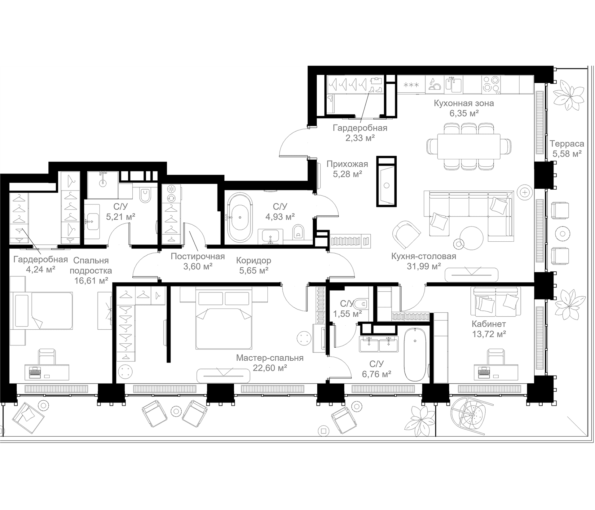 Планировка: 3-комнатная квартира 130,8 м² в ЖК «МЫС»