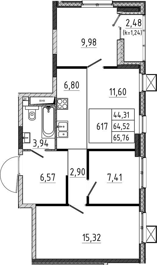 Планировка: Квартира евро-4 64,5 м² в ЖК «Поварово-Молодежный-2»