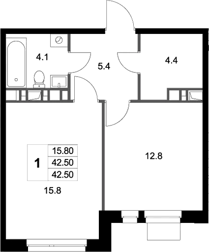 Планировка: 1-комнатная квартира 42,5 м² в ЖК «Легенда Марусино»