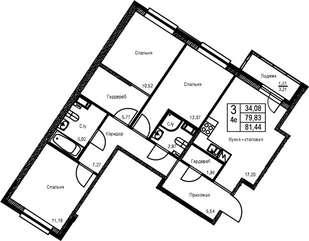 Планировка: Квартира евро-4 79,8 м² в ЖК «ID Kudrovo II»