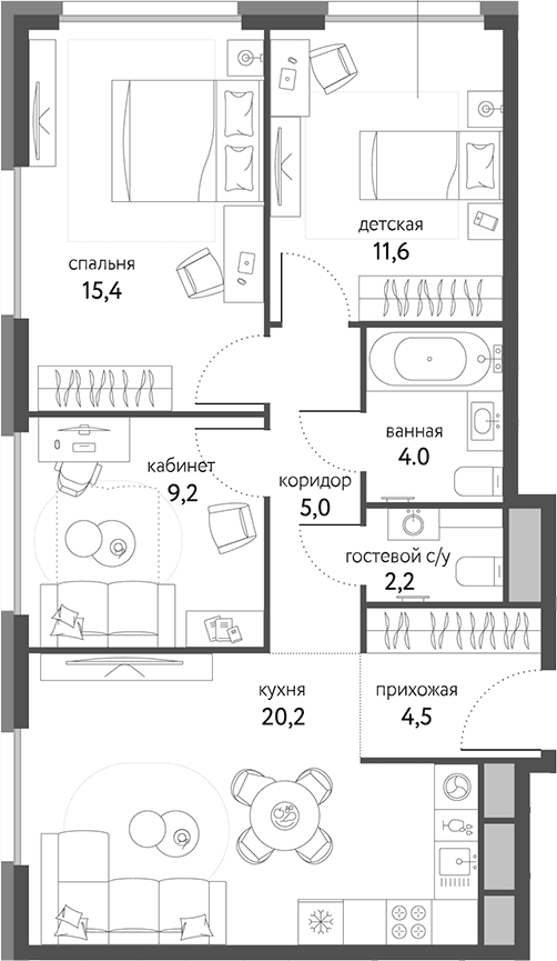 Планировка: 3-комнатная квартира 72,1 м² в ЖК «Сиреневый парк»
