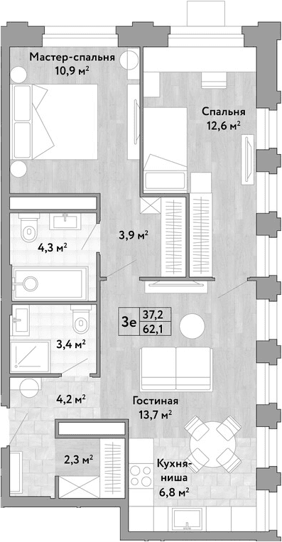 Планировка: Евротрёшка 62,1 м² в ЖК «Новые Смыслы»