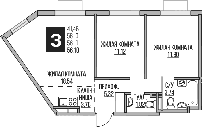 Планировка: Евротрёшка 56,1 м² в ЖК «Гранель Аникеевский»